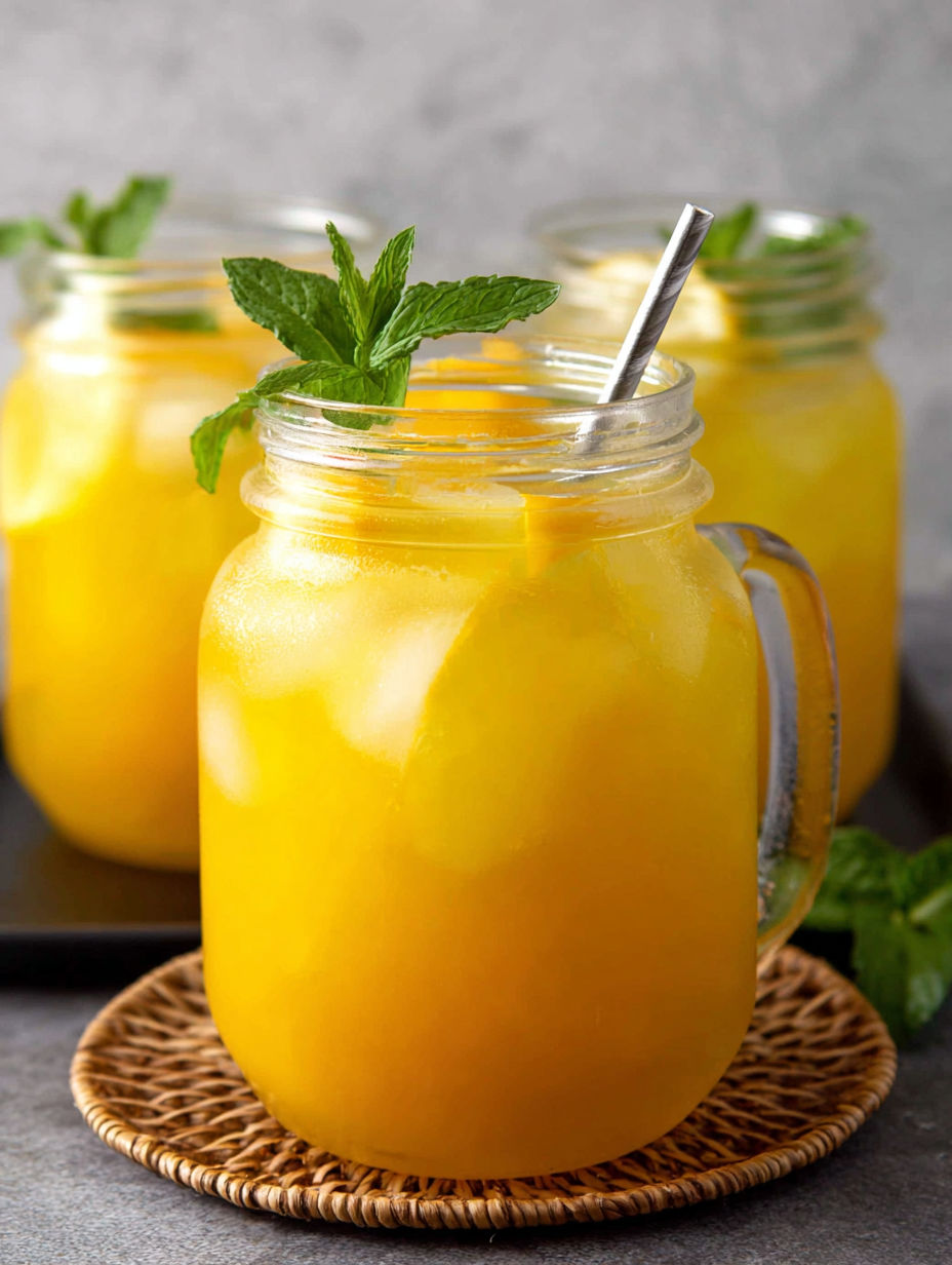 Three glasses of mango lemonade on a table.