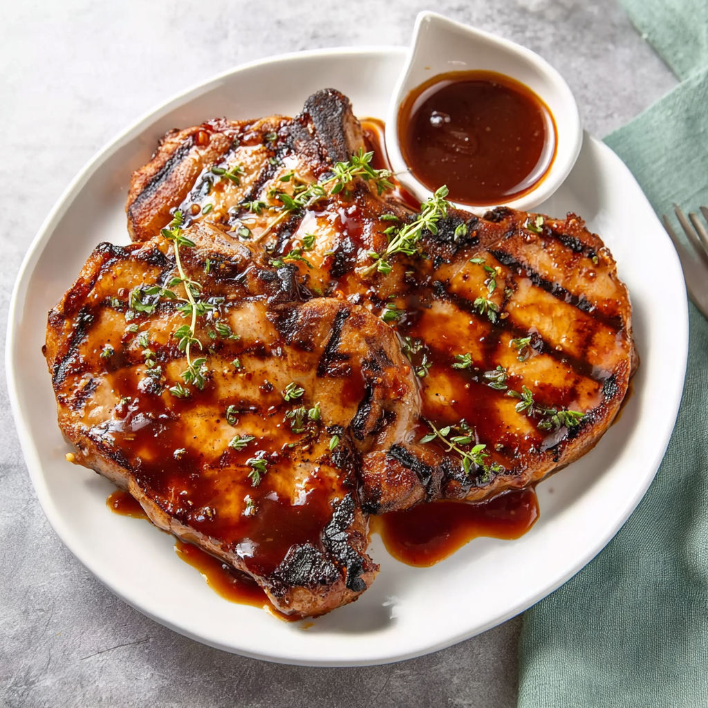 A plate of pork chops with honey and garlic sauce.
