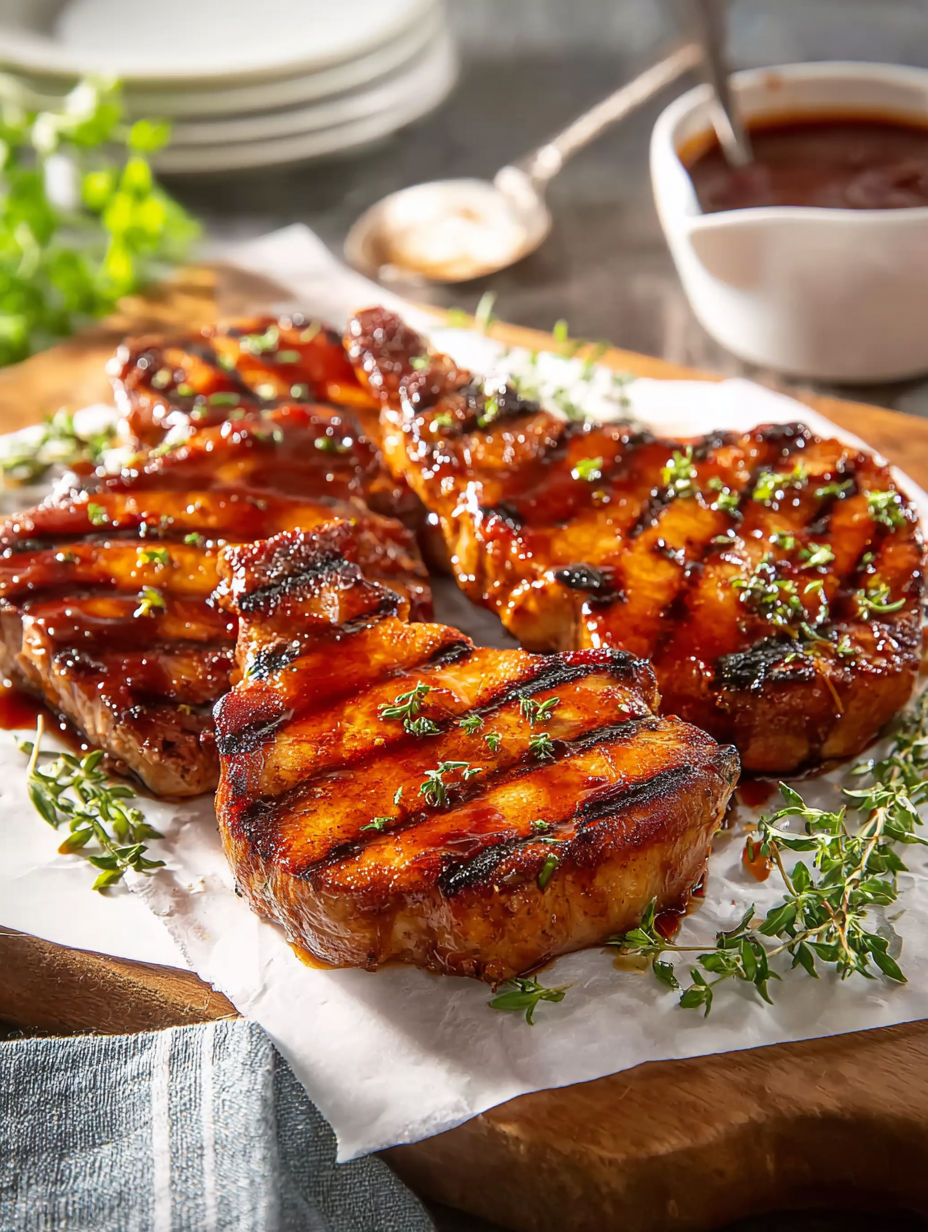 A plate of pork chops with honey and garlic.