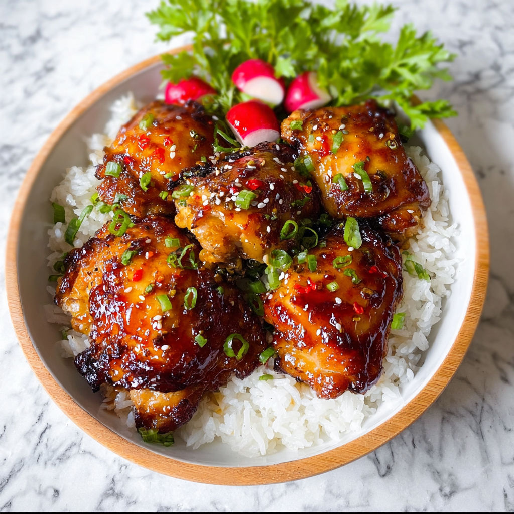 A plate of chicken thighs with rice and vegetables.