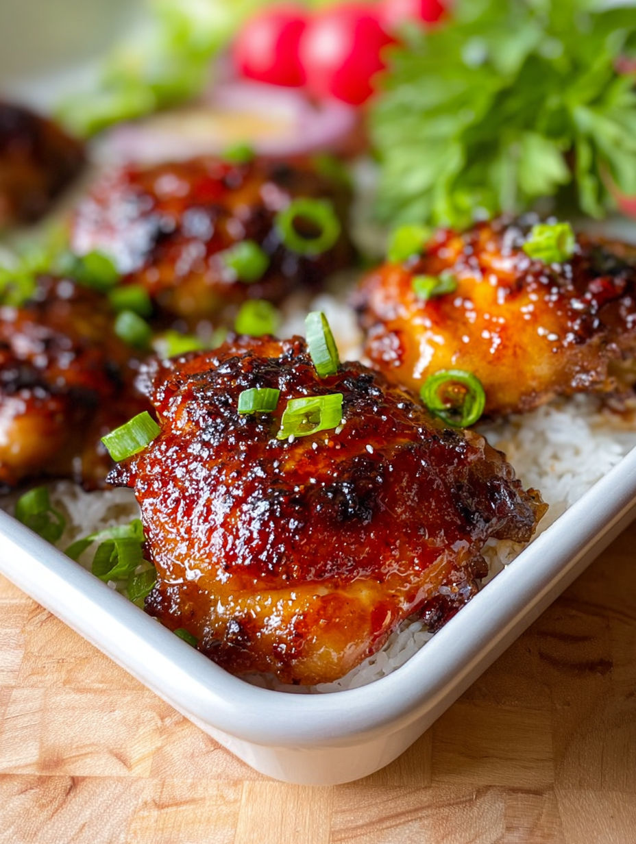A plate of chicken thighs with a sweet chili sauce.