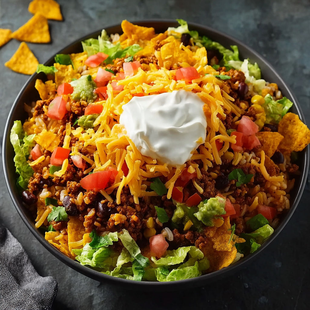 A bowl of rice with chips and cheese.