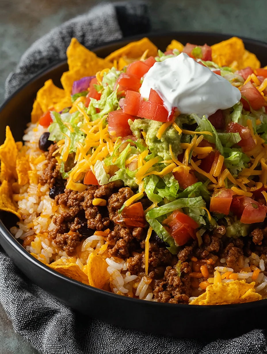 A bowl of rice with beans, cheese, and tomatoes.