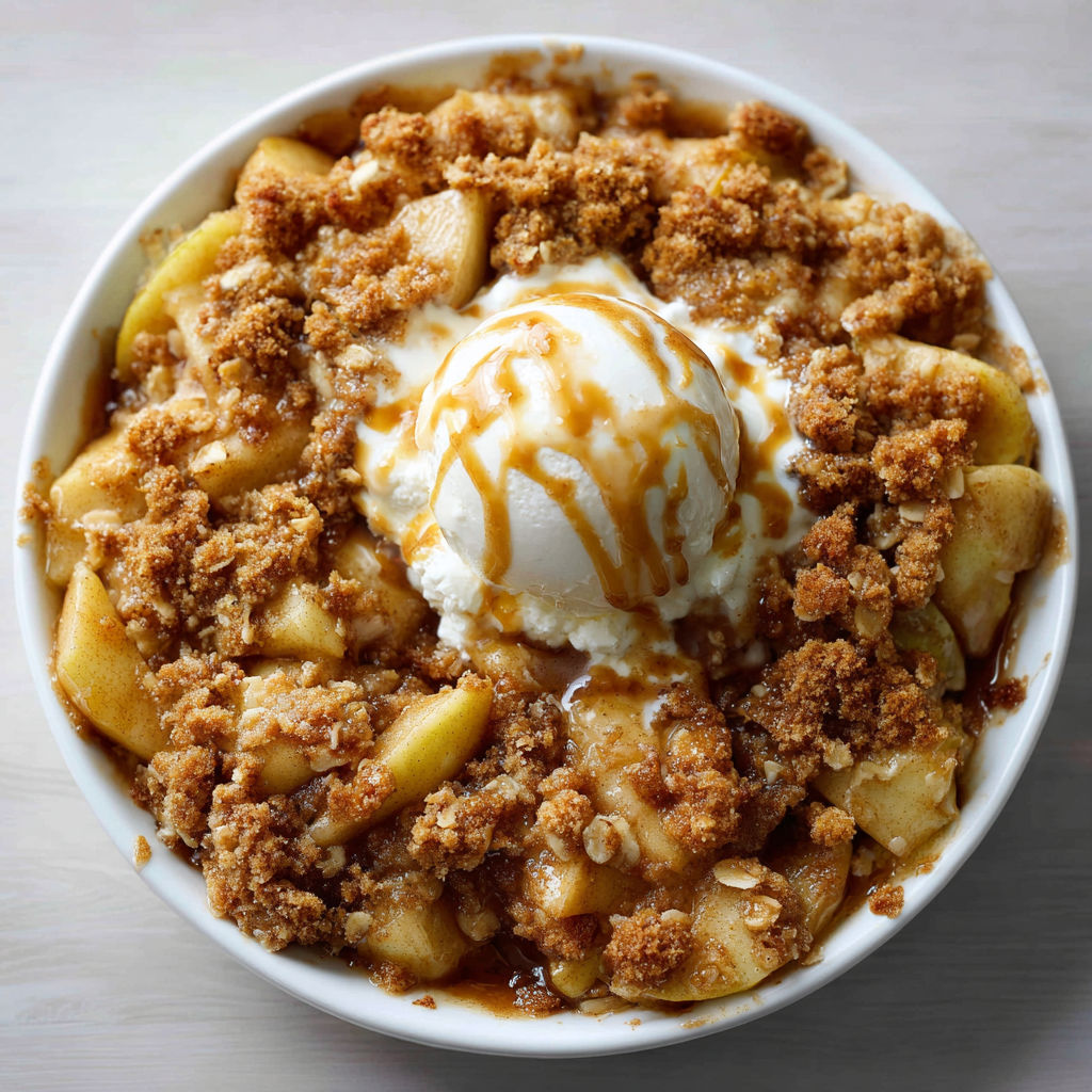 A bowl of apple crisp with a scoop of ice cream on top.