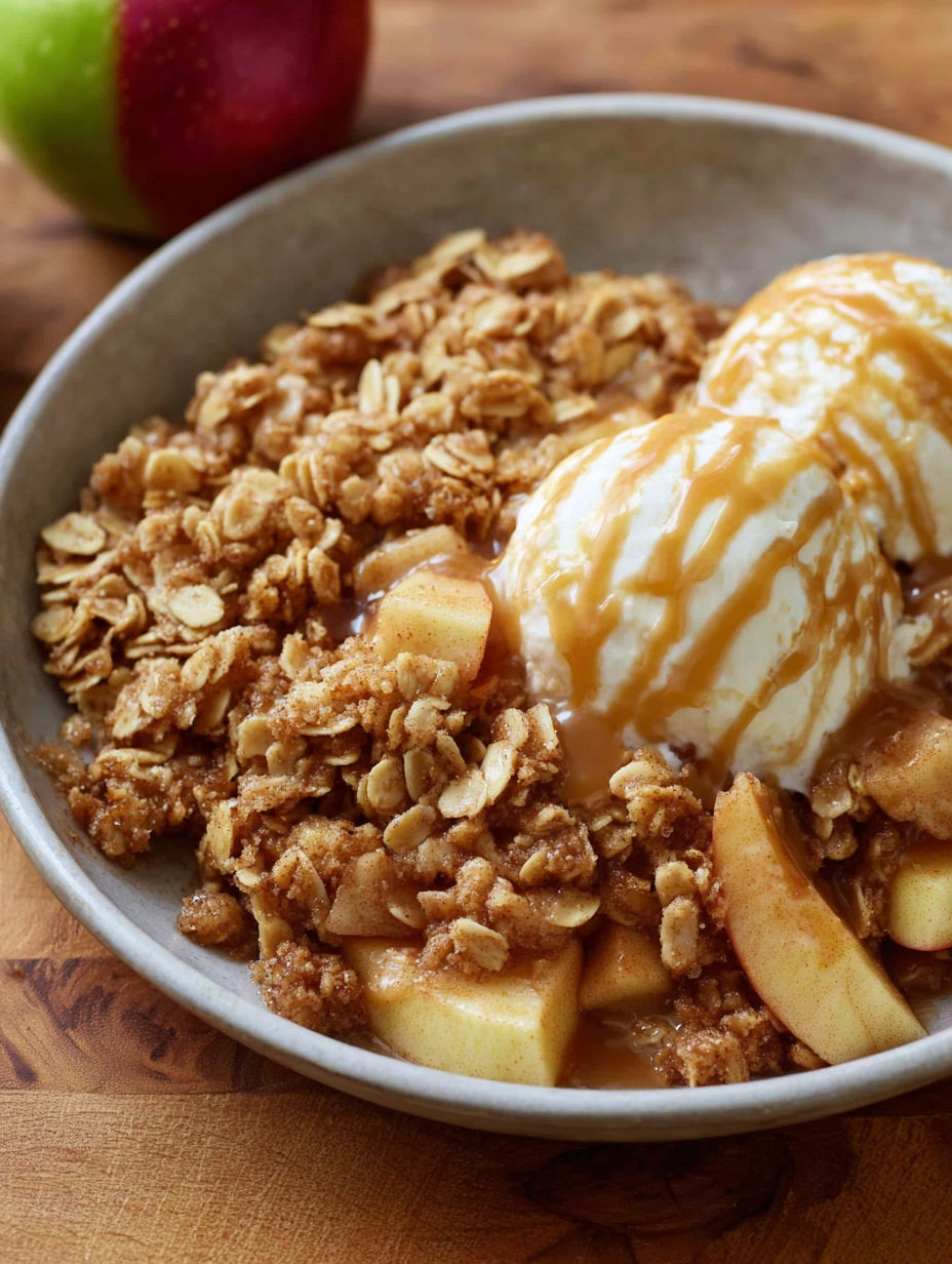 A bowl of apple crisp with ice cream on top.