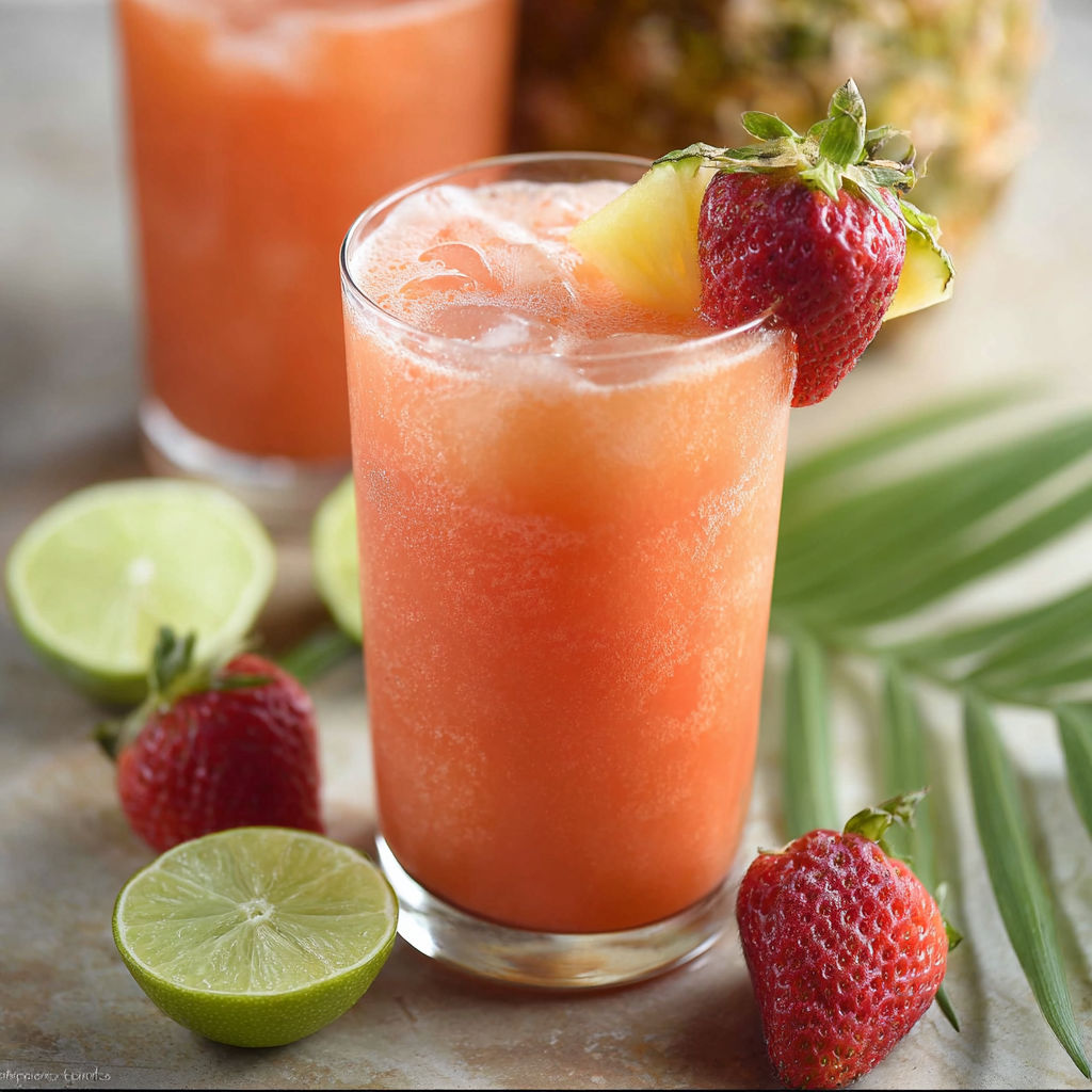 A glass of pineapple strawberry aguafiela.