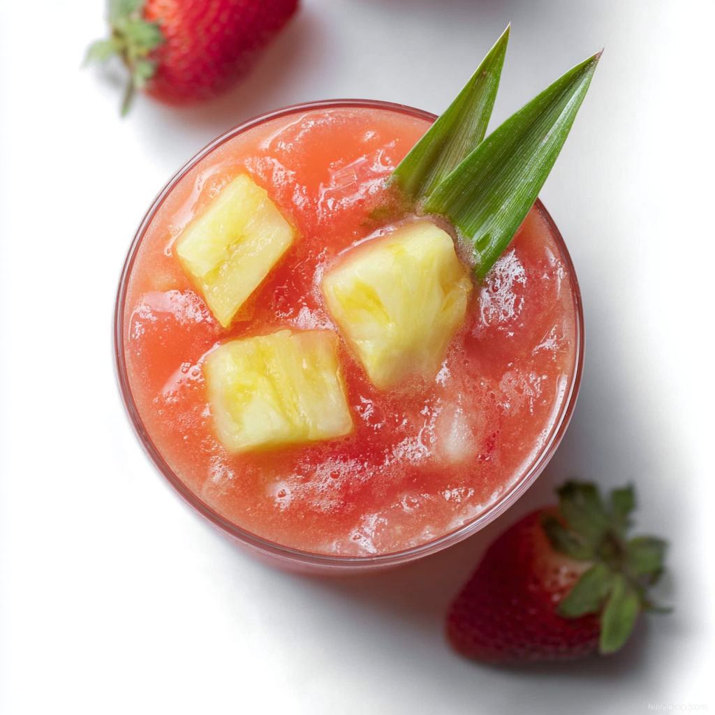 A glass of pineapple strawberry aguafiela.