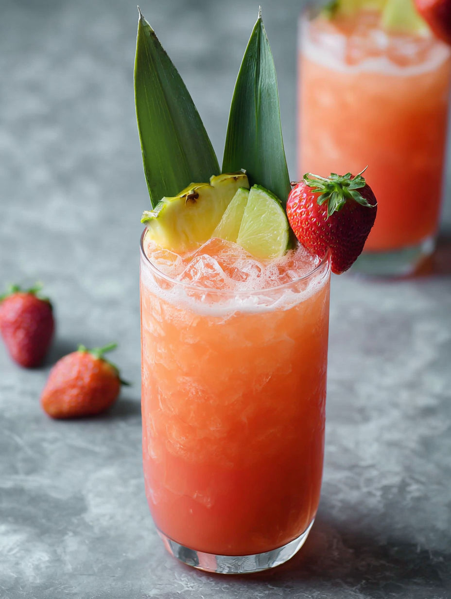 A glass of pineapple strawberry aguafiela.