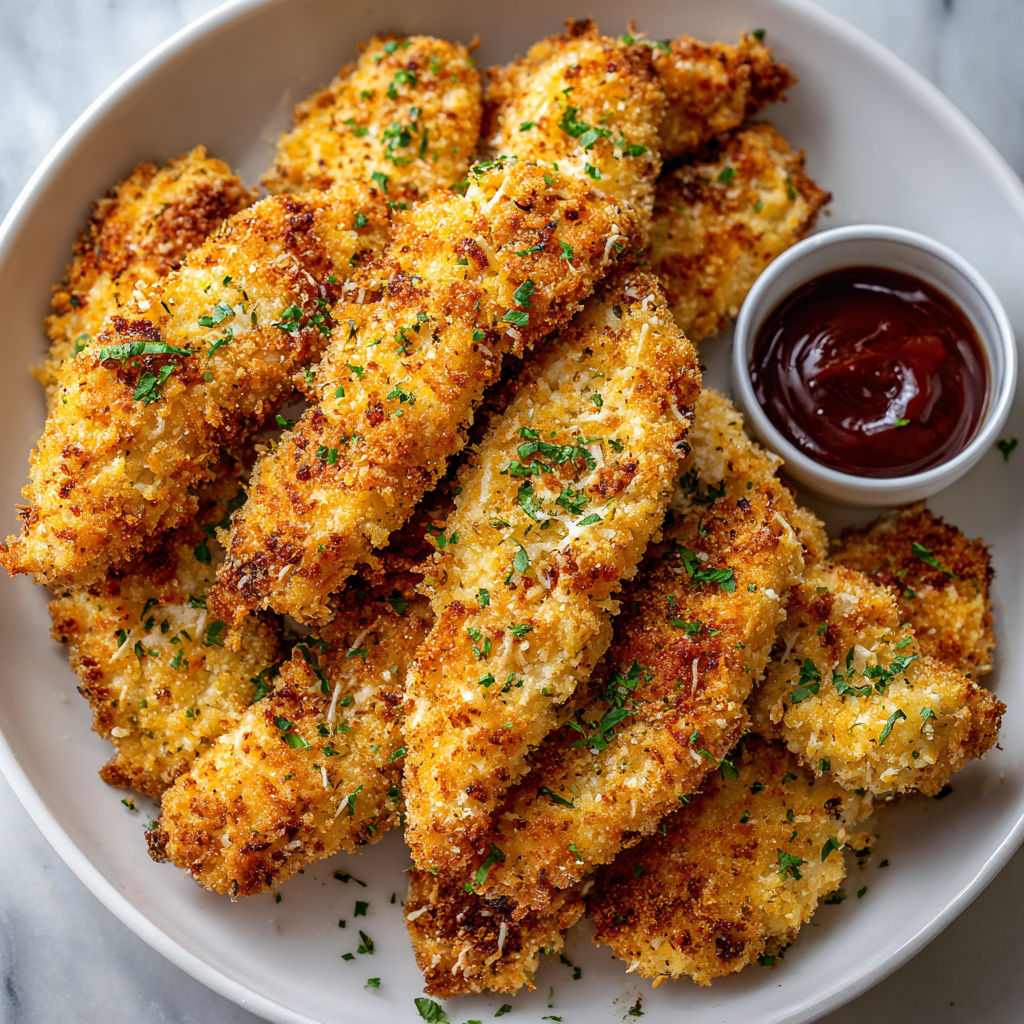 A plate of crispy baked chicken tenders.