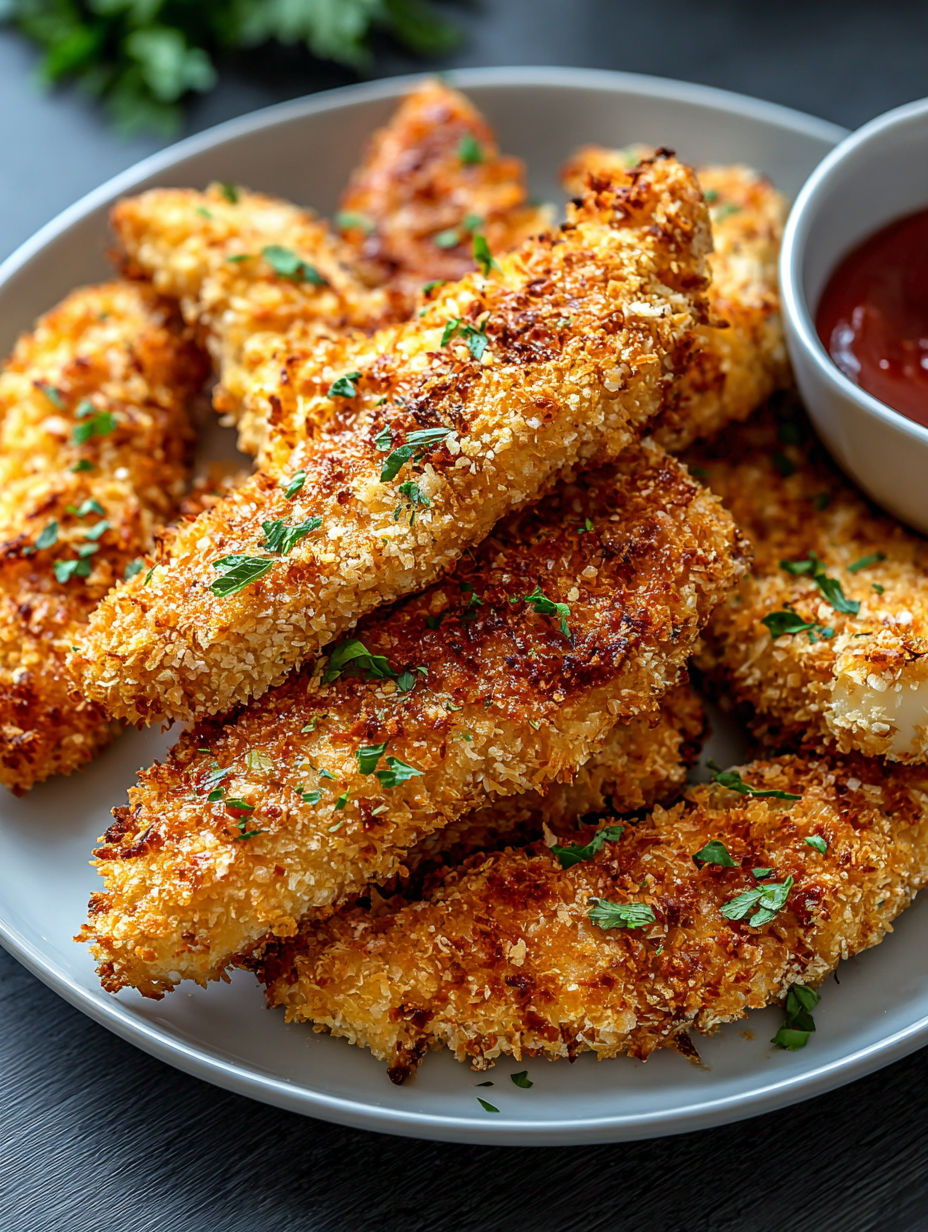 Crispy baked chicken tenders on a plate.