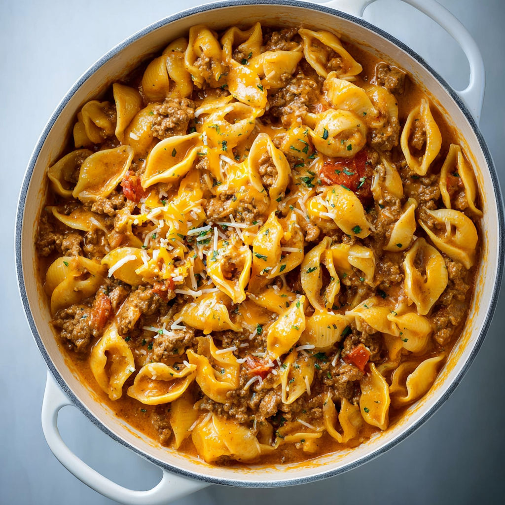 A bowl of pasta with meat and cheese.