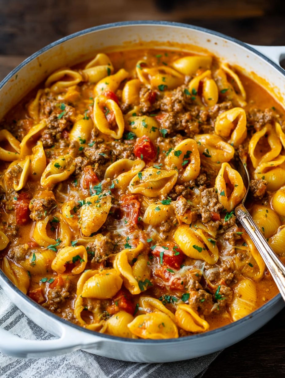 A bowl of pasta with meat and tomatoes.