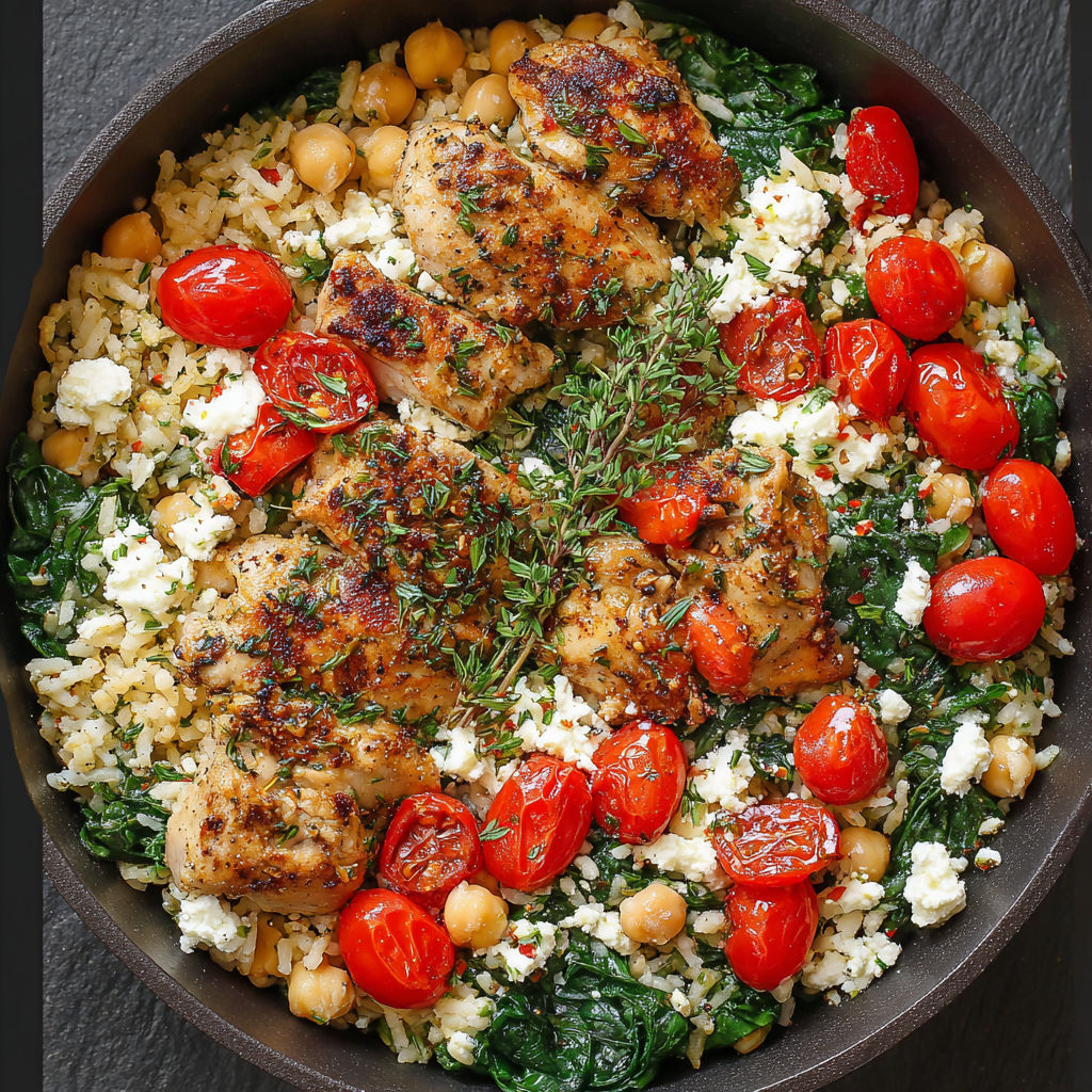 A dish of chicken and rice with tomatoes and herbs.