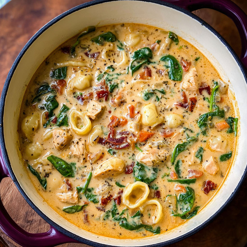 A bowl of creamy Tuscan chicken soup.