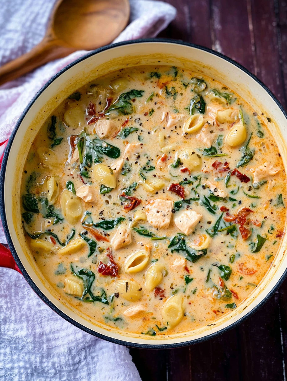 A bowl of creamy Tuscan chicken soup.