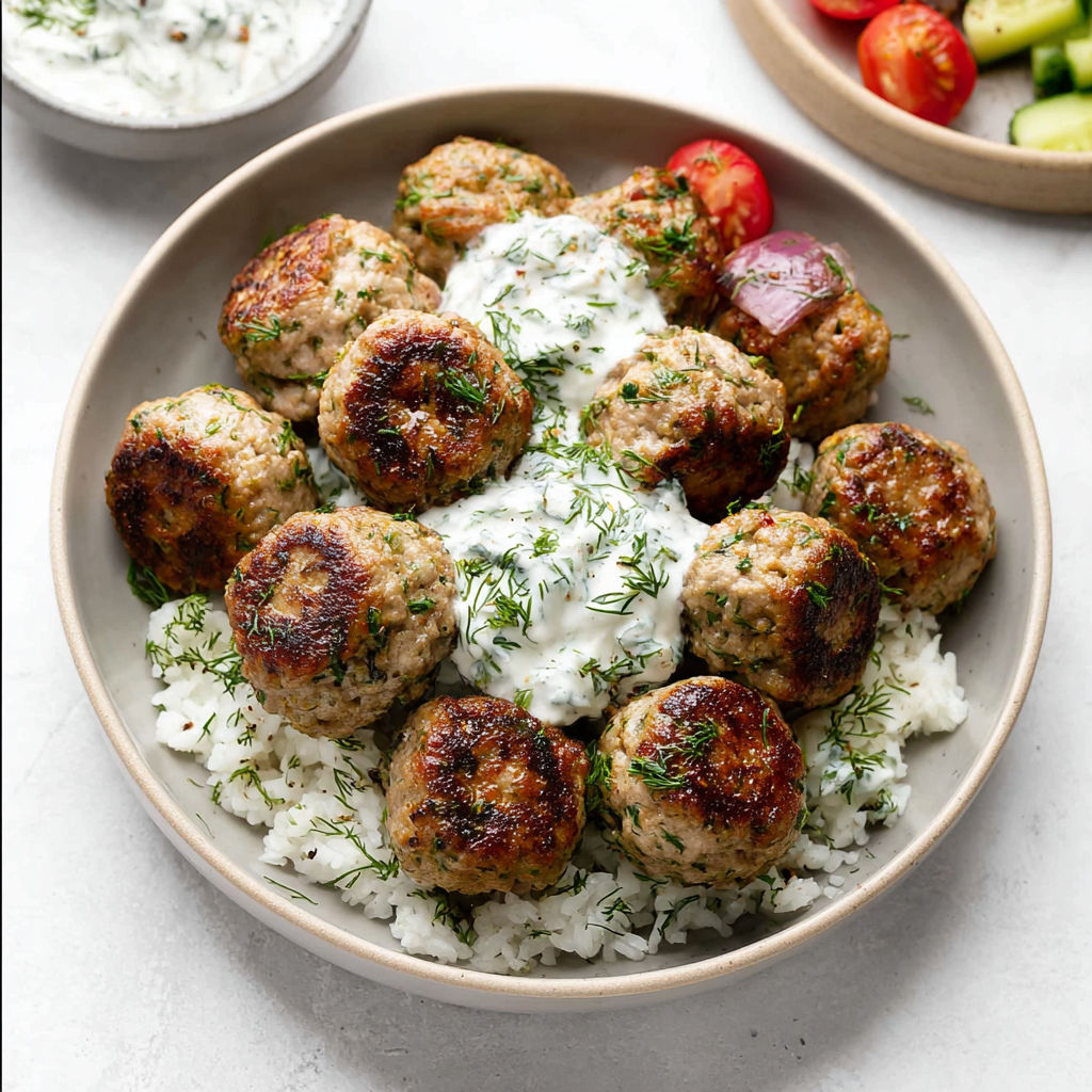 A bowl of meatballs with rice and a side of tzatziki sauce.