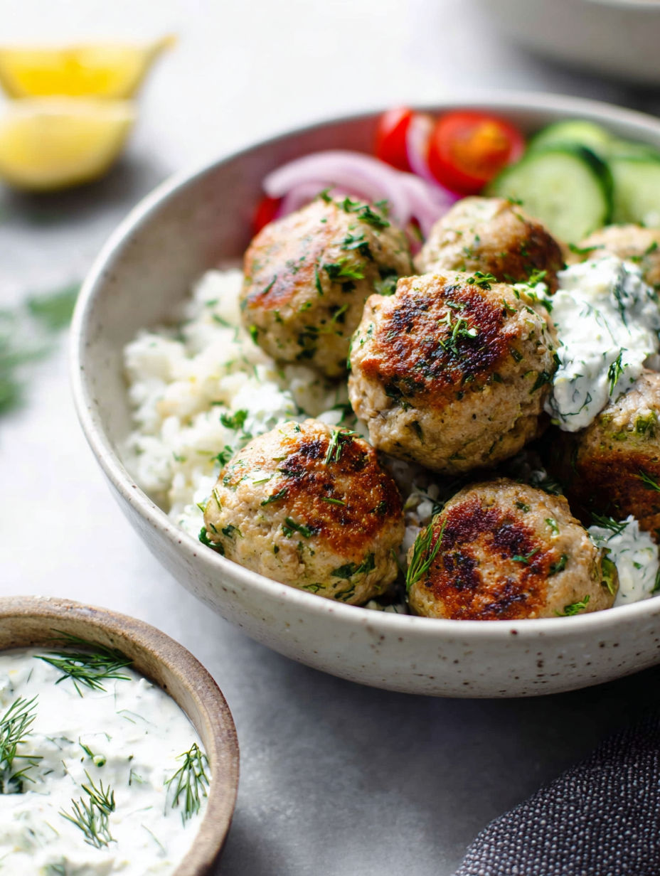 A bowl of meatballs with a side of tzatziki sauce.