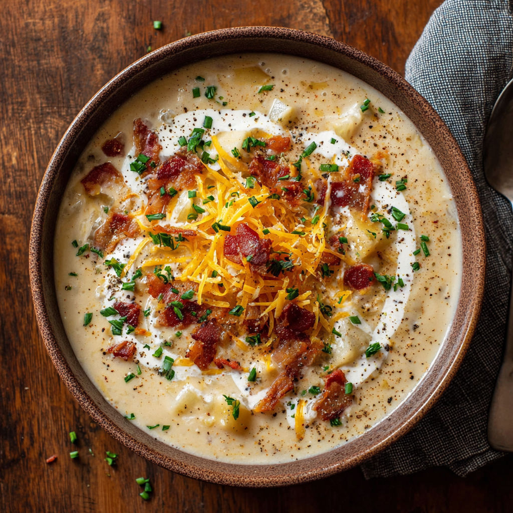 A bowl of soup with bacon and cheese.