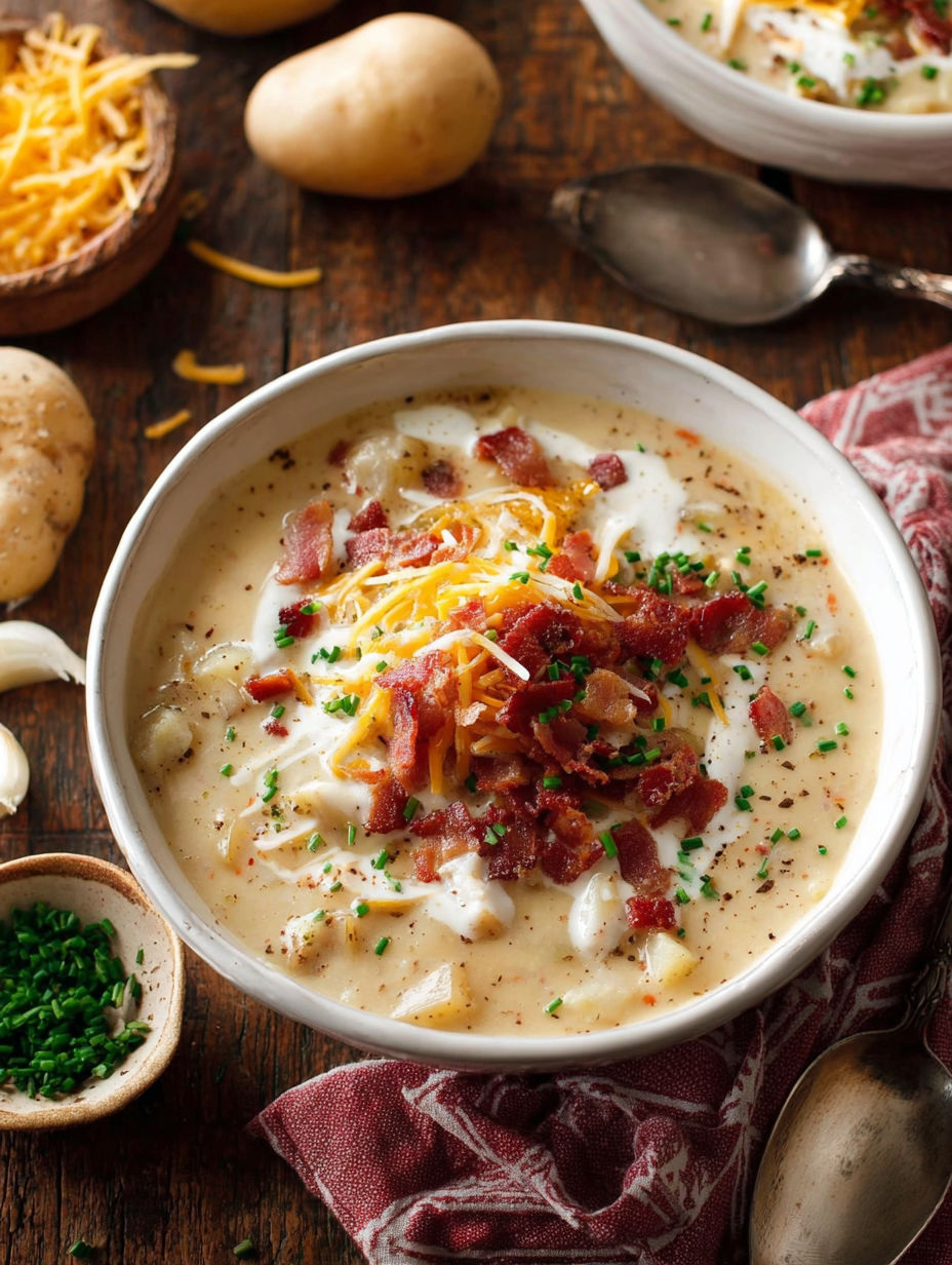 A bowl of soup with bacon and cheese.