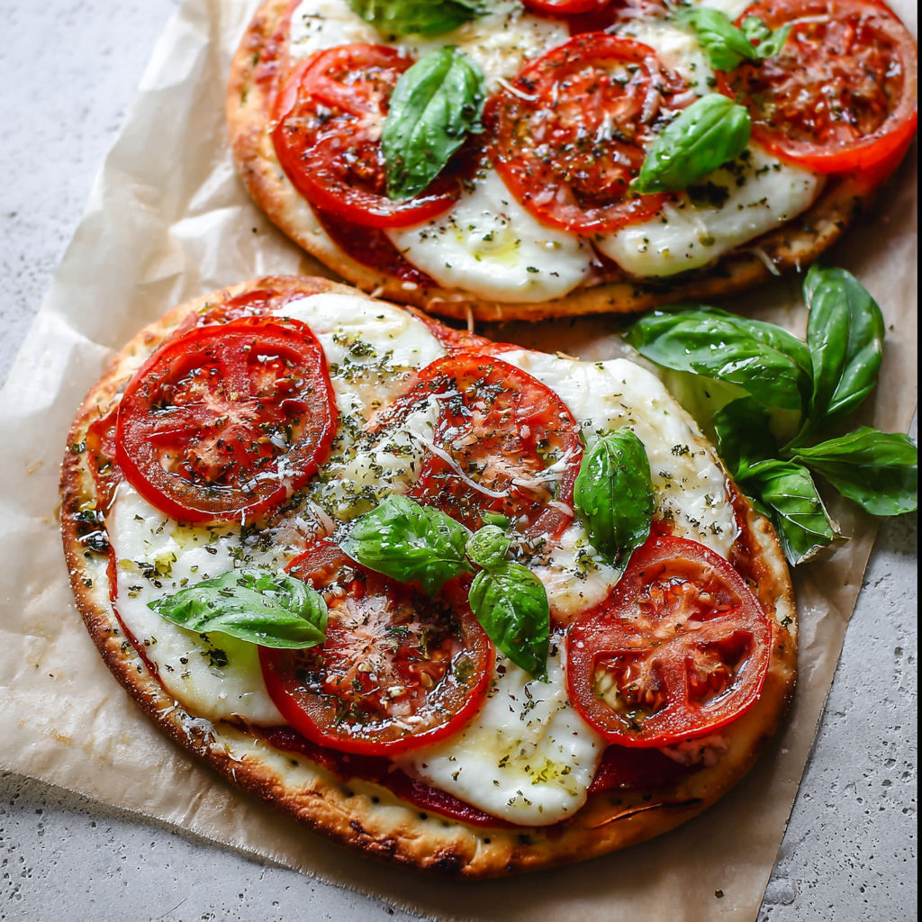 Two slices of flatbread pizza with tomatoes and basil.
