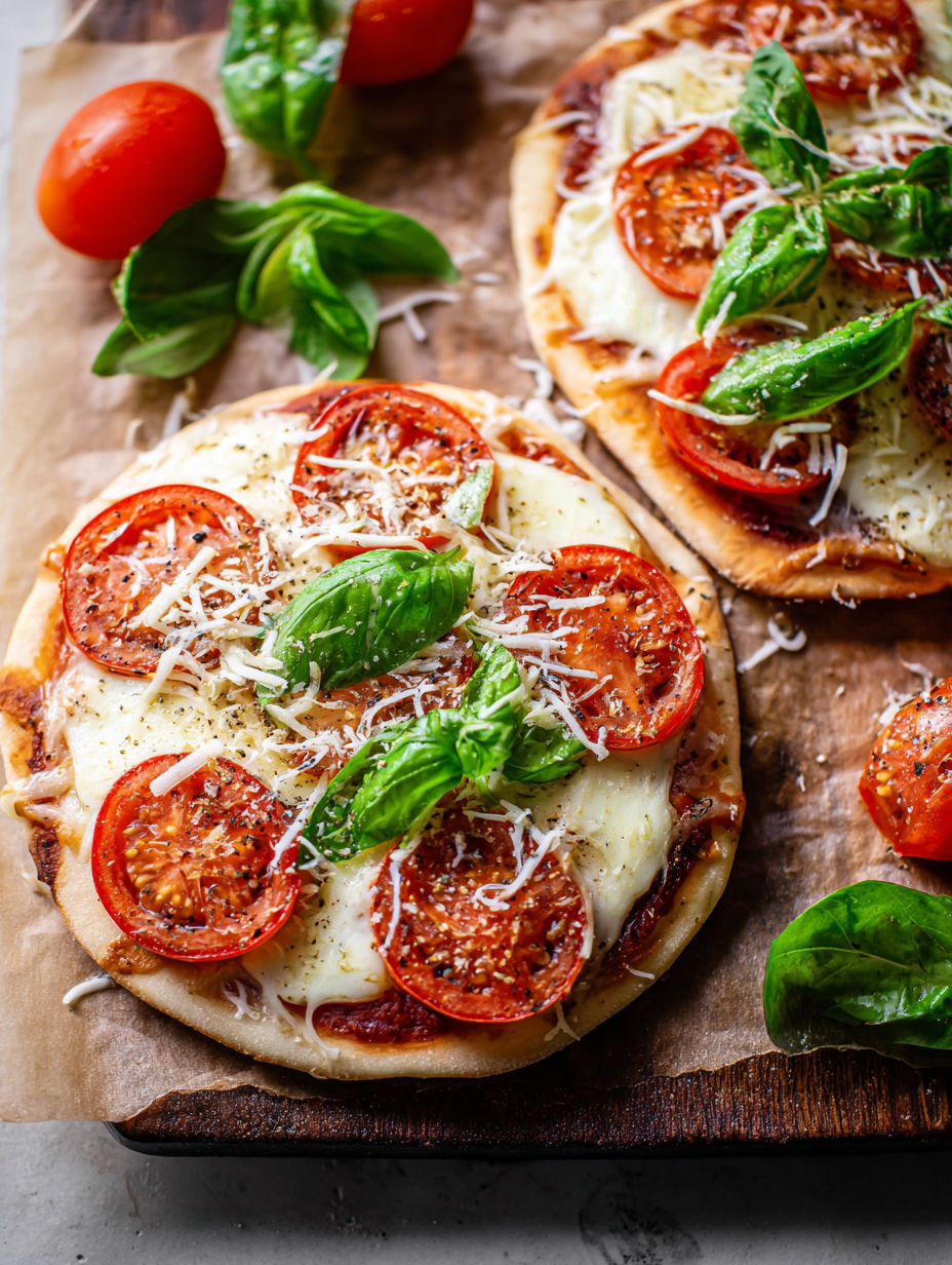 A flatbread pizza with tomatoes, cheese, and basil.