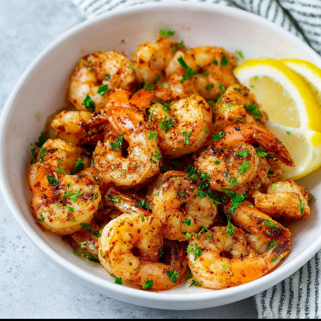 A bowl of shrimp with lemon wedges on top.