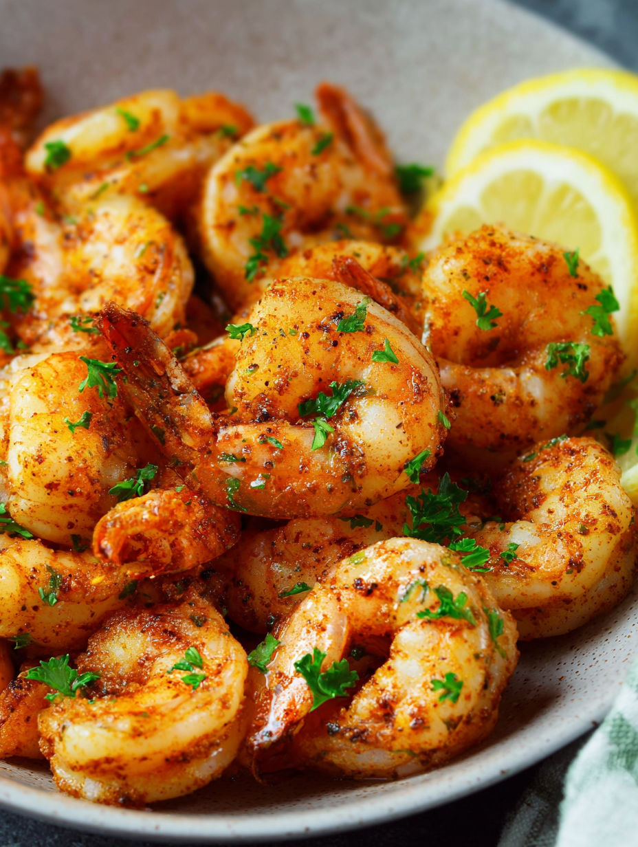 A plate of shrimp with Old Bay seasoning.