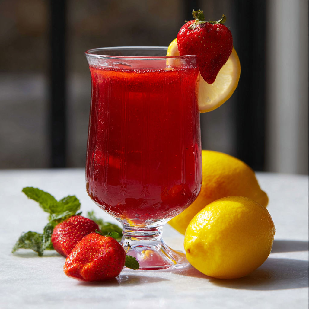 A glass of red liquid with a lemon wedge and a strawberry.