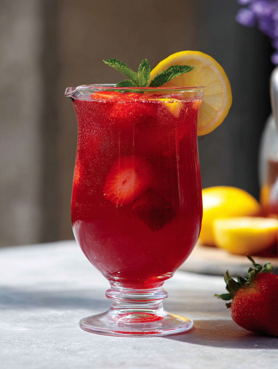 A glass of strawberry lemonade with a slice of lemon and a strawberry.