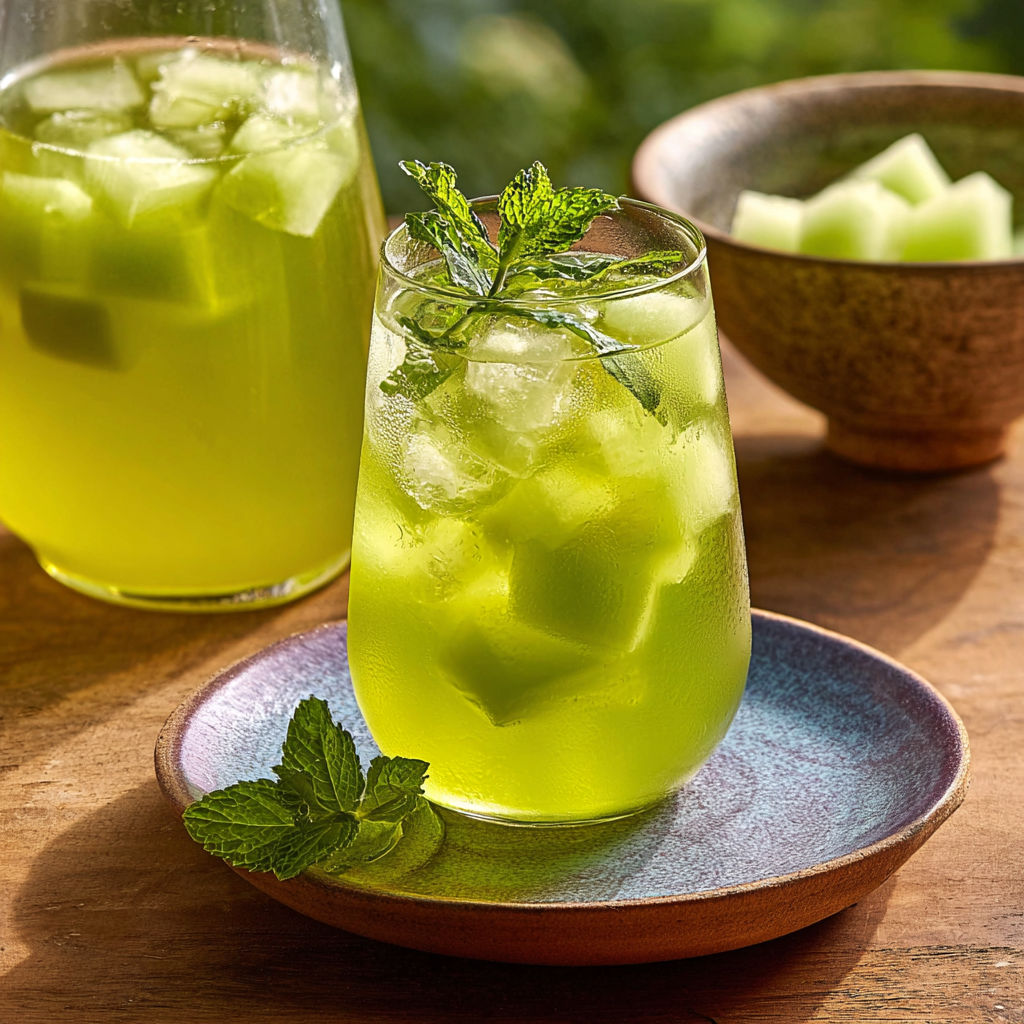 A glass of iced honeydew mint tea.