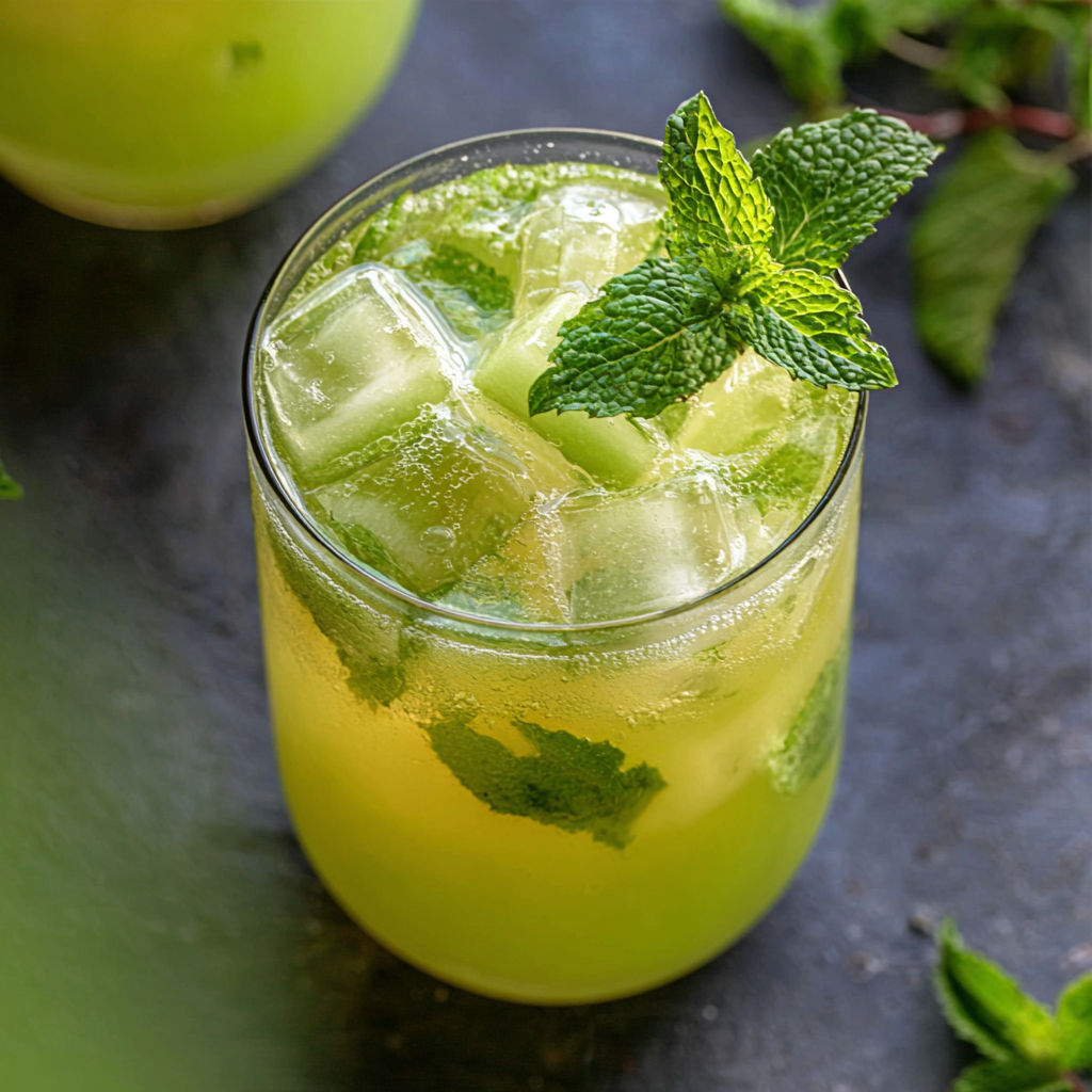A glass of iced honeydew mint tea.