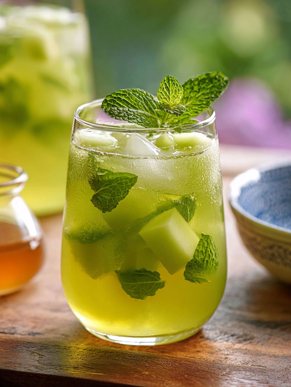 A glass of iced honeydew mint tea.