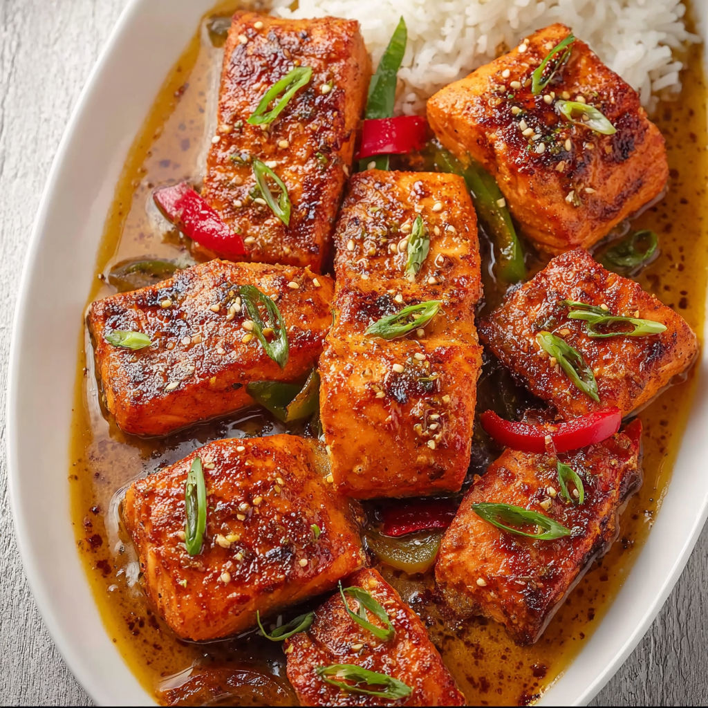 A plate of salmon with a sauce on top.
