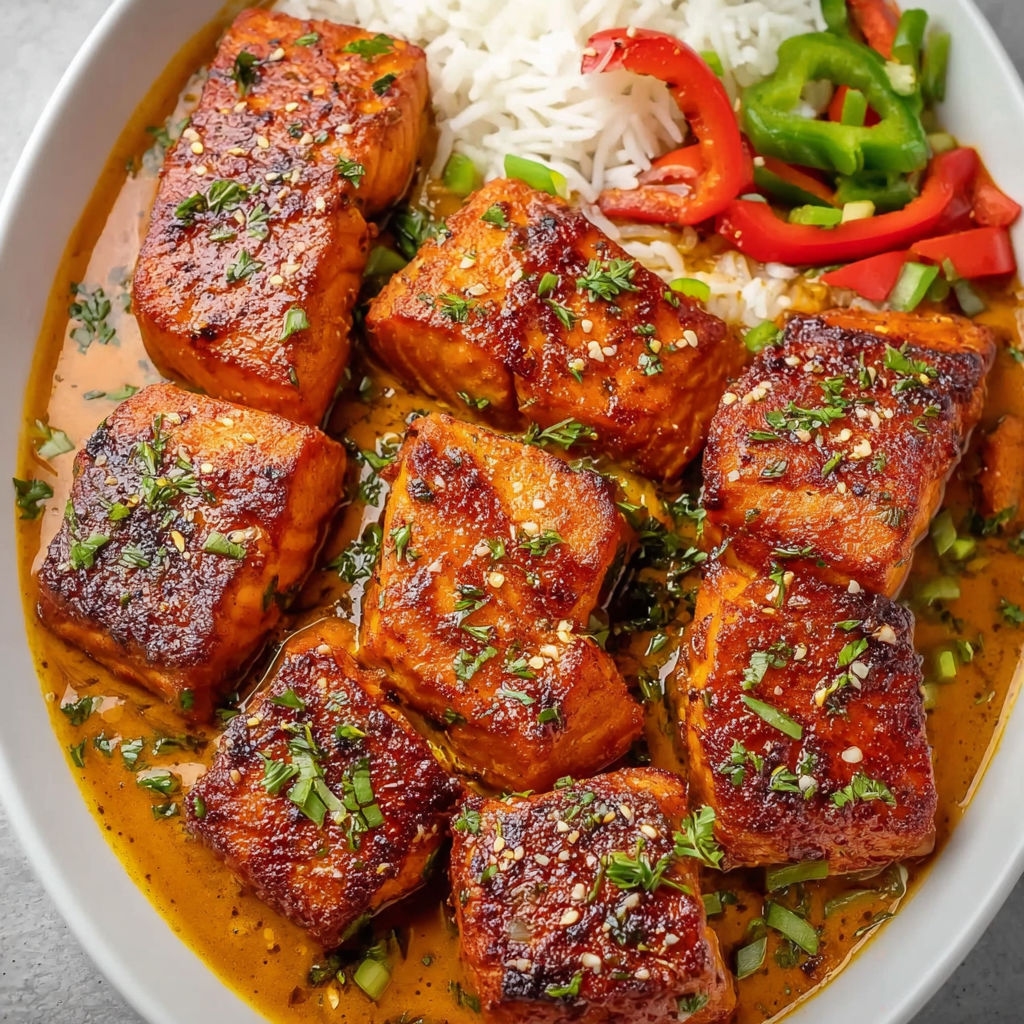 A bowl of salmon in a coconut curry sauce.