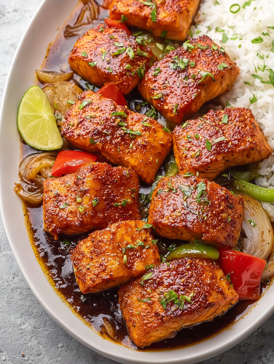 A plate of salmon with a sauce.