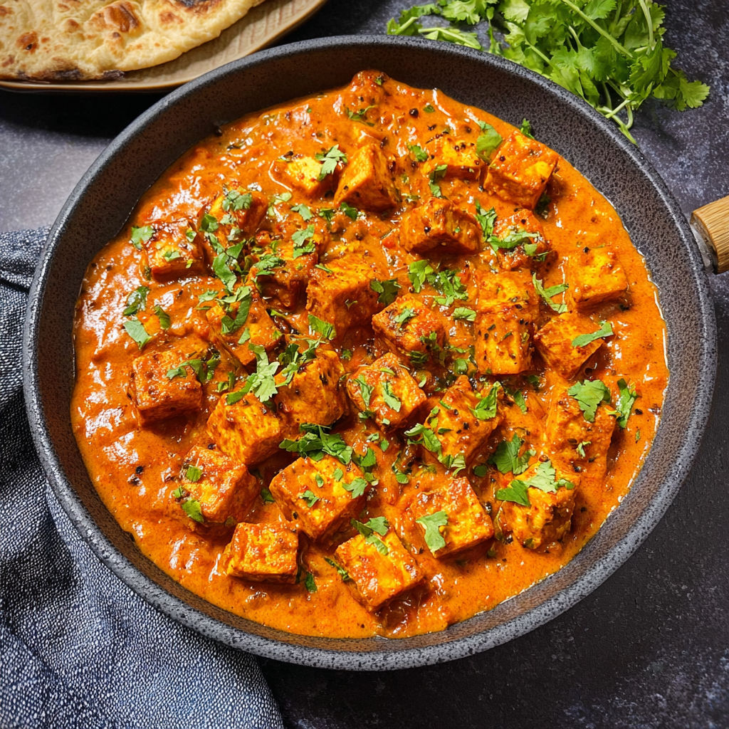 A bowl of vegan tofu tikka masala.