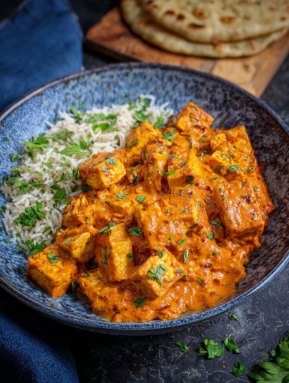A bowl of tofu tikka masala with rice.