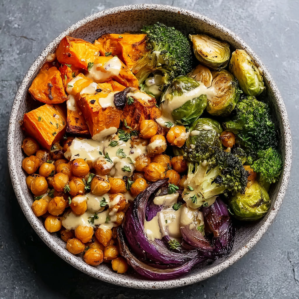 A bowl of roasted vegetables and chickpeas with a maple dijon tahini dressing.