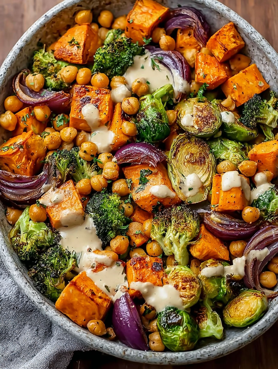 A bowl of roasted vegetables and chickpeas with a maple dijon tahini dressing.