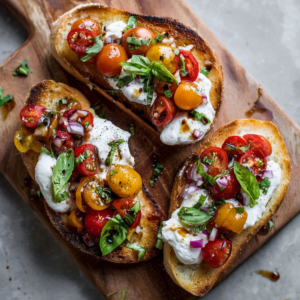 A slice of burrata bruschetta with tomatoes and basil.