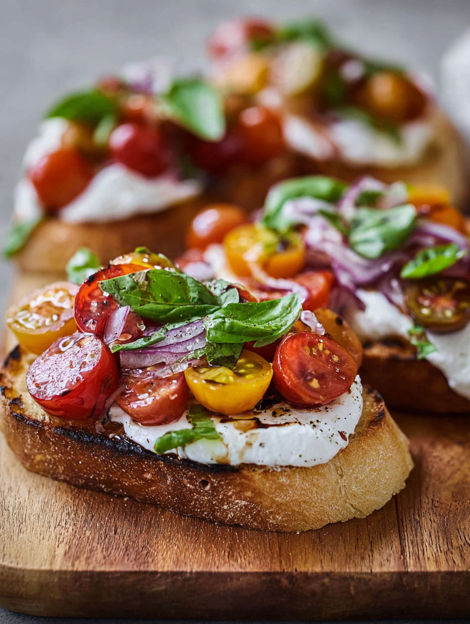 A slice of burrata bruschetta with tomatoes and basil.