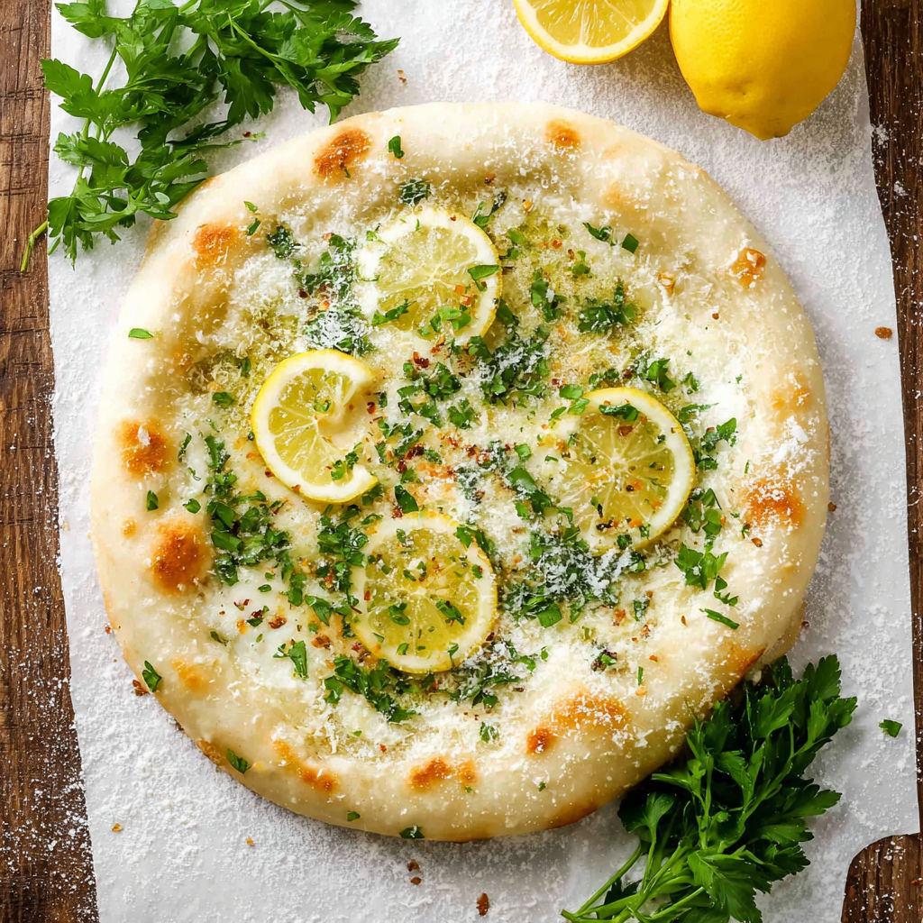 A pizza with lemon slices on top.
