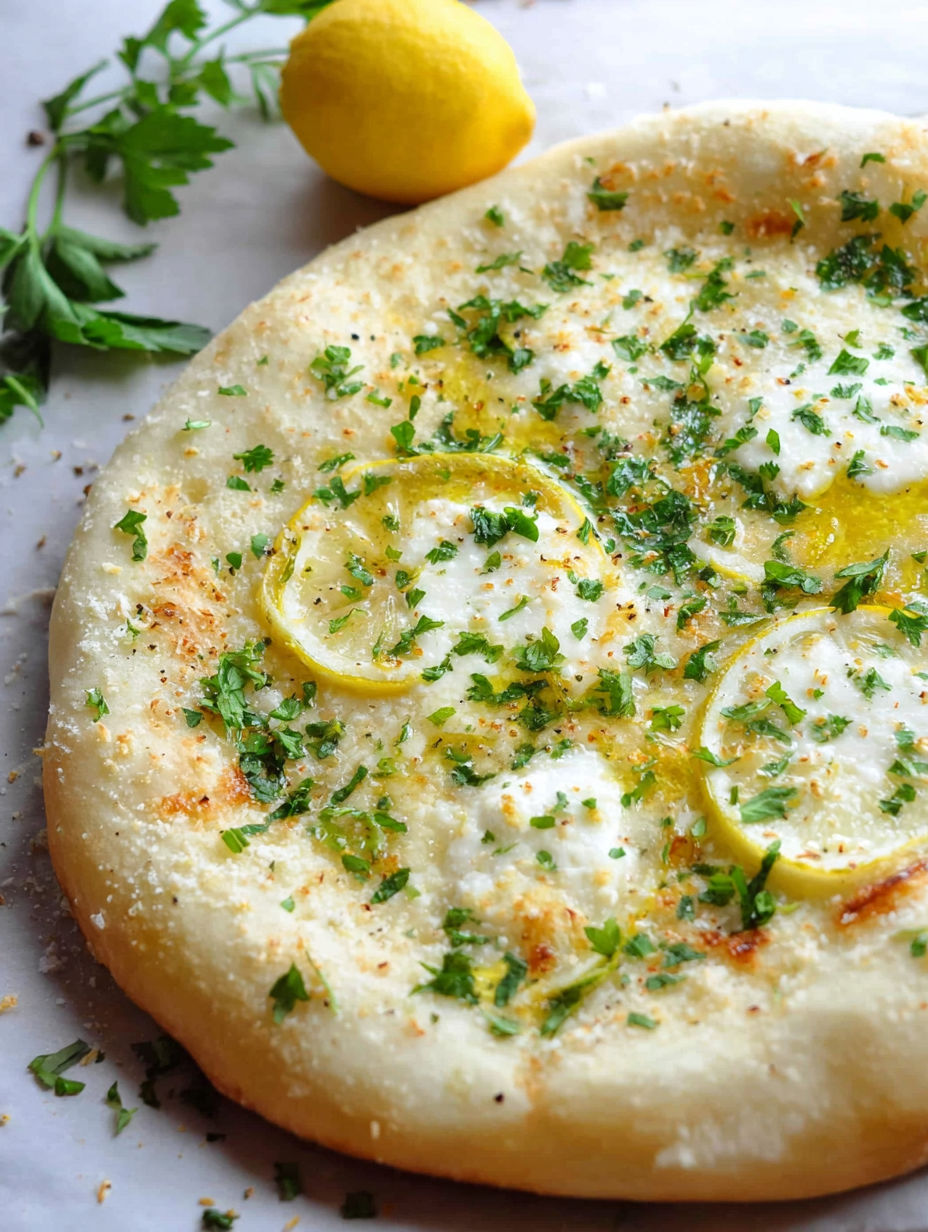A pizza with lemon and herbs on top.
