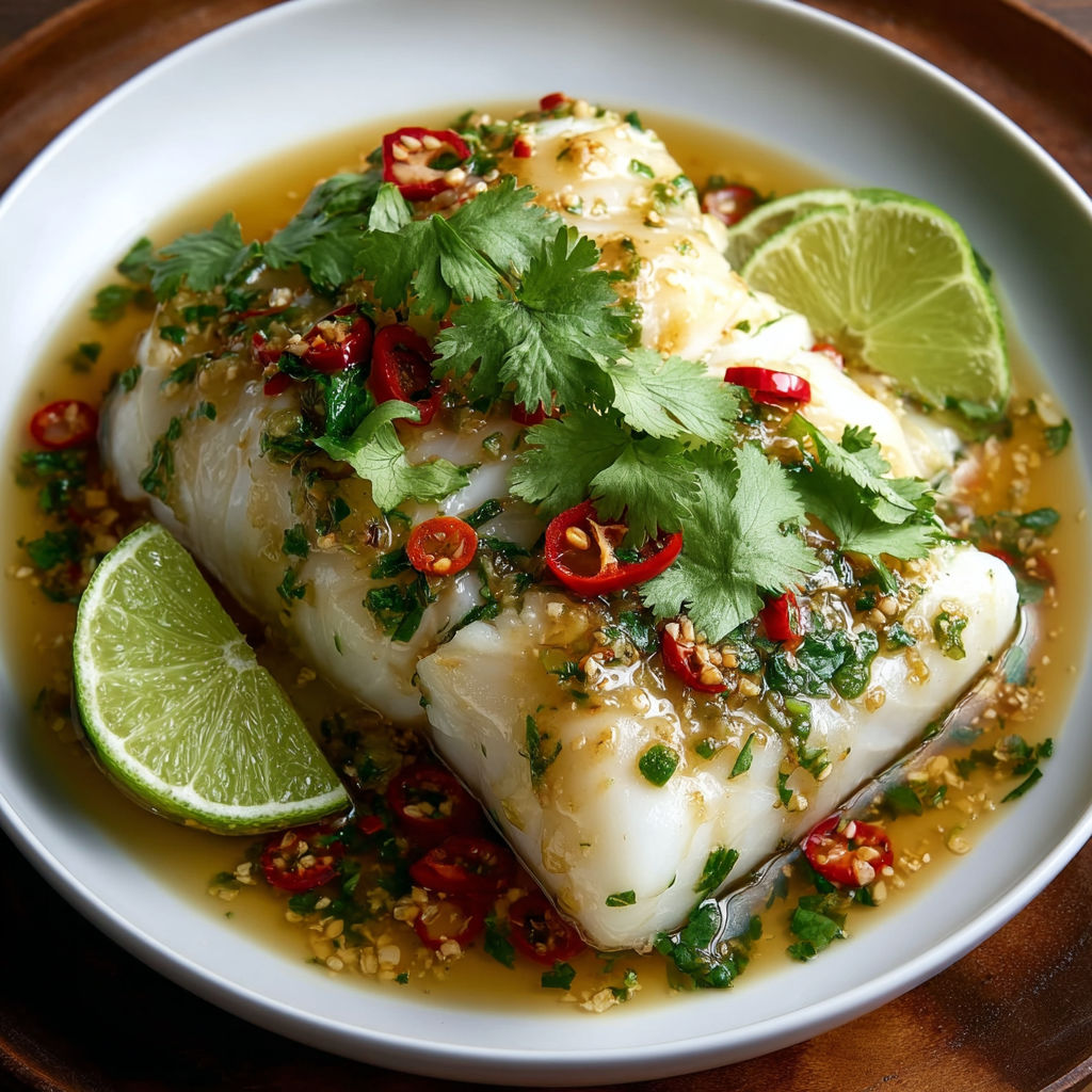A plate of Thai Lime-Garlic Steamed Fish with Coconut Lemongrass Sauce.