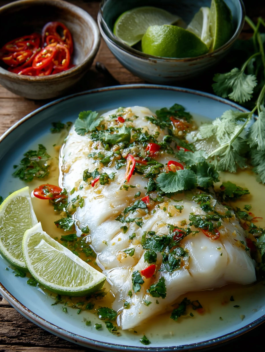 A plate of Thai Lime-Garlic Steamed Fish with Coconut Lemongrass Sauce.