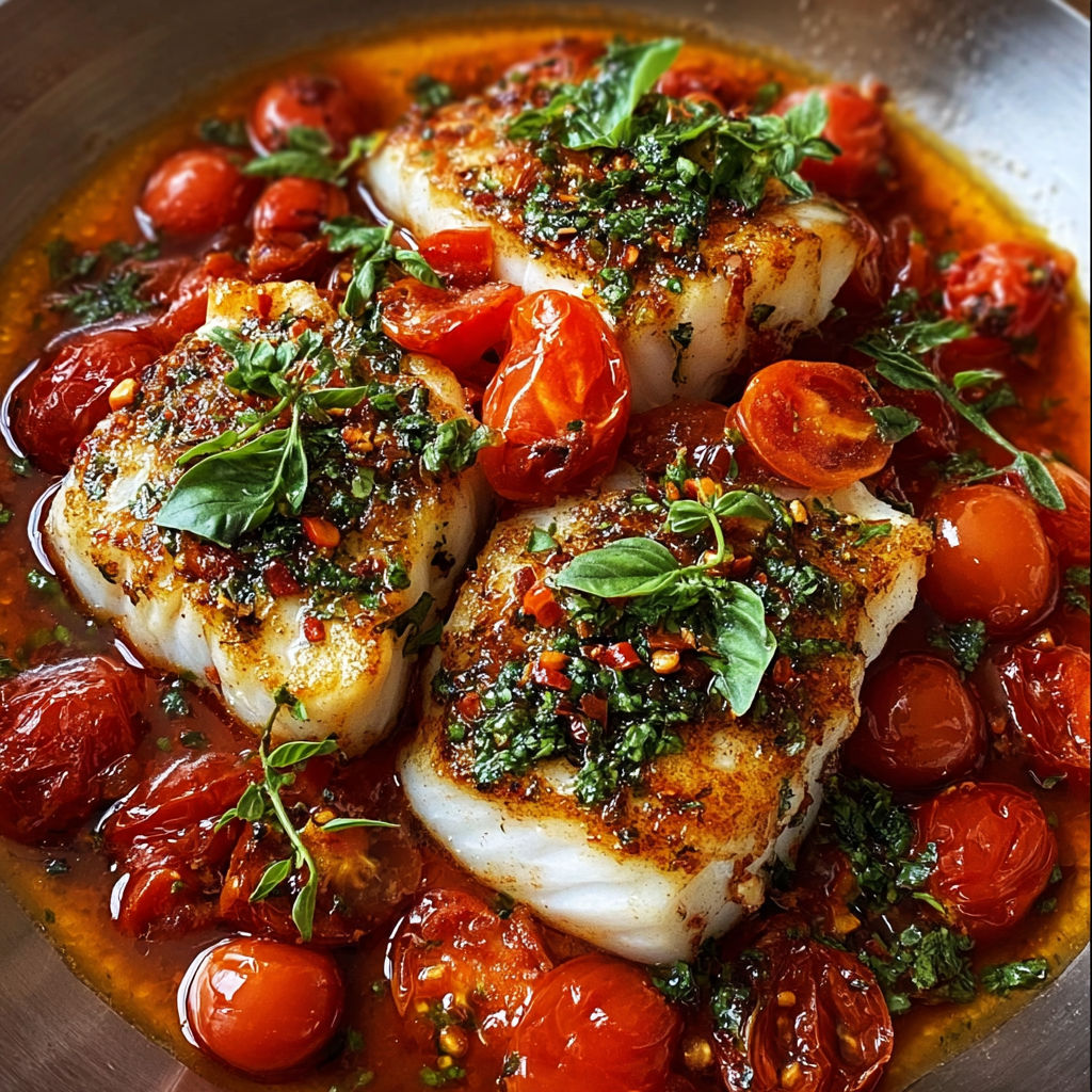 Pan-seared Mediterranean cod in tomato basil sauce.