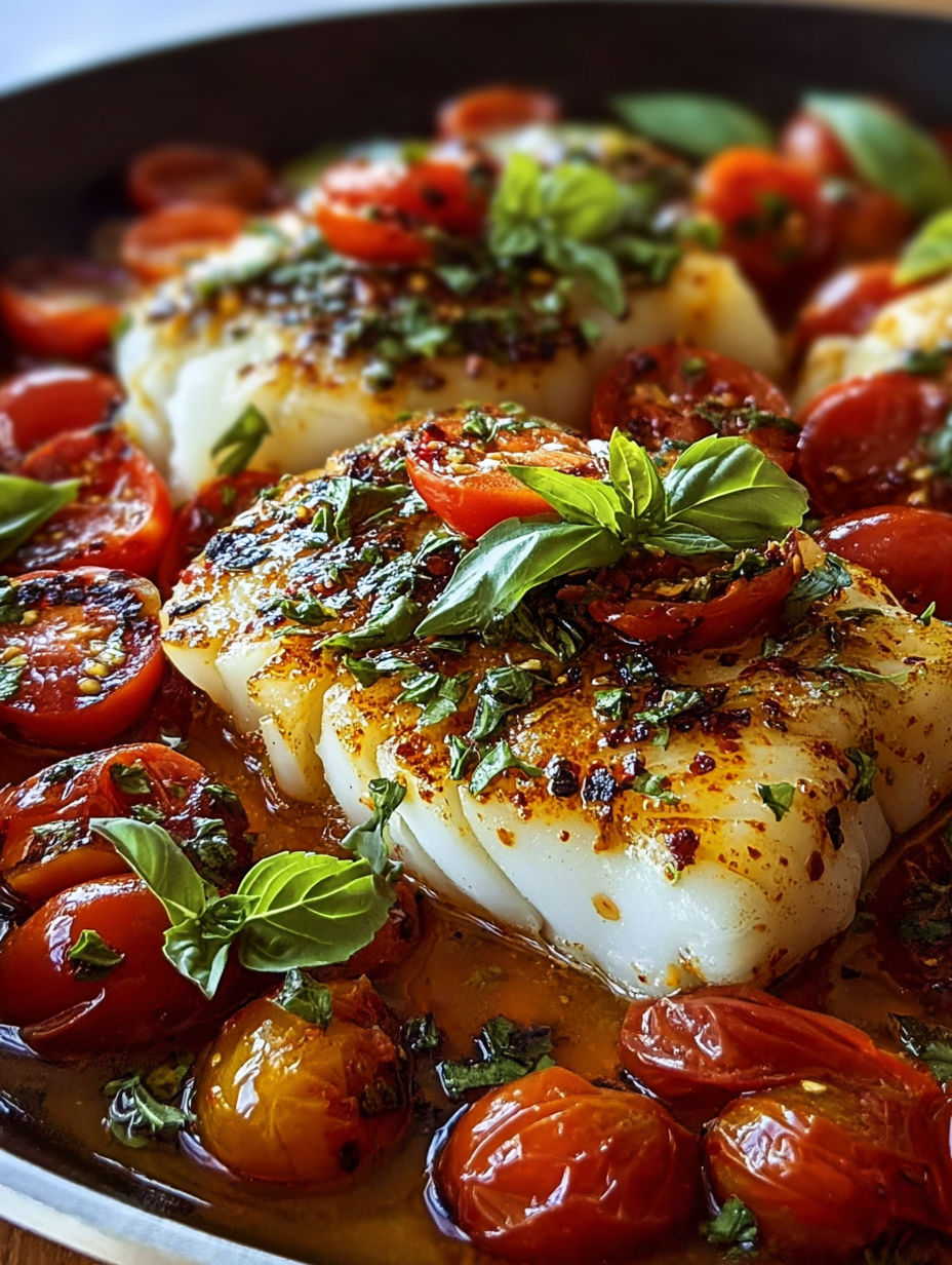Pan-seared Mediterranean cod in tomato basil sauce.