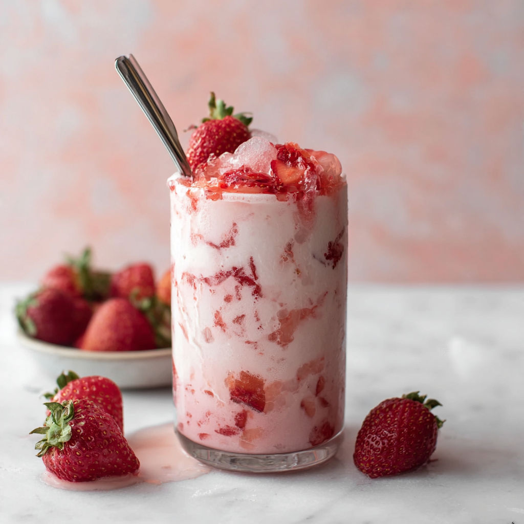A glass of Korean Strawberry Milk with strawberries on the side.