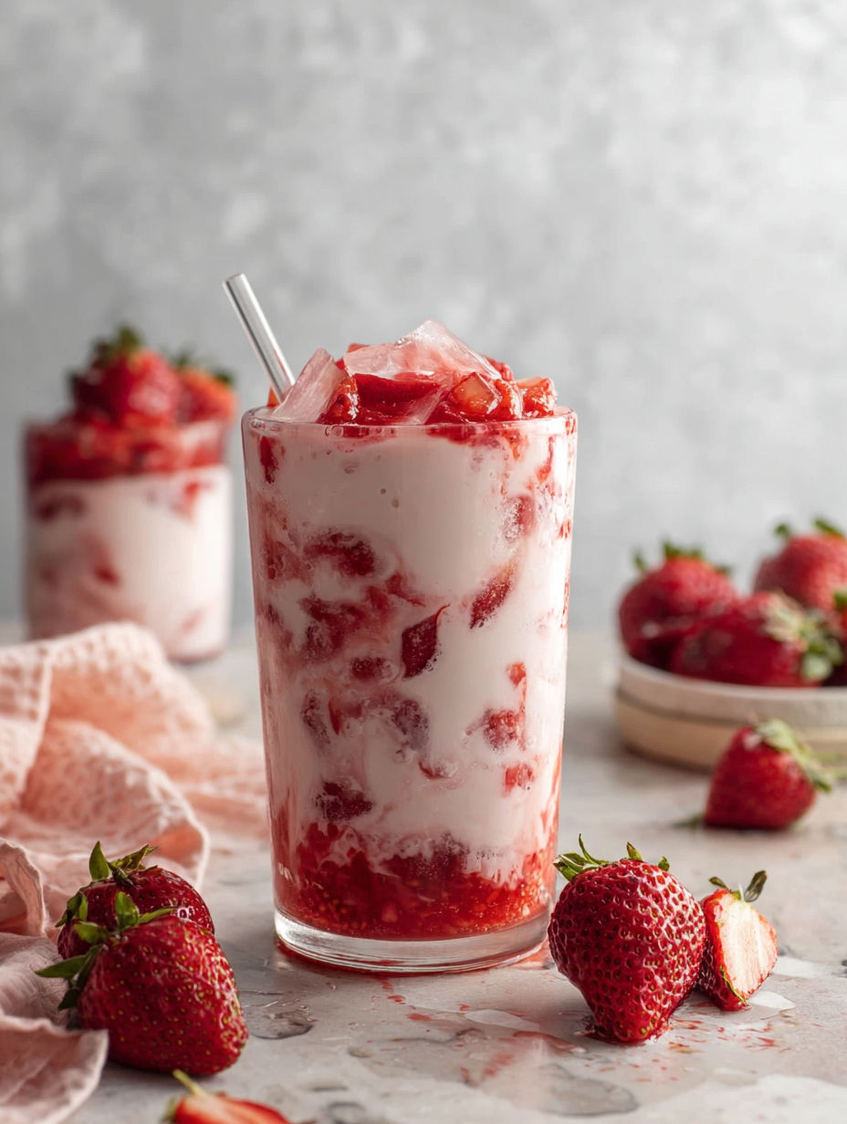 A glass of Korean Strawberry Milk with strawberries on the table.