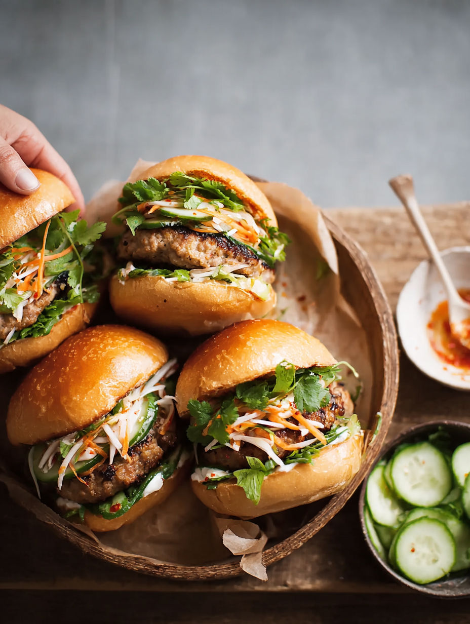 A person is holding a pork banh mi burger.